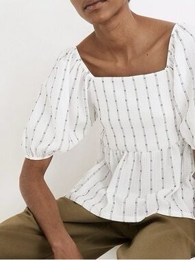 Madewell Puff-sleeve empire top in white and black striped pattern, size Small